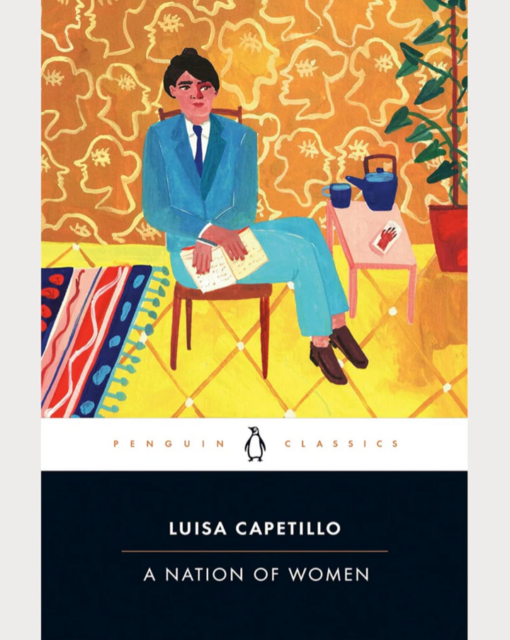 Book cover of 'A Nation of Women' by Luisa Capetillo with a man in a blue suit sitting on a chair.