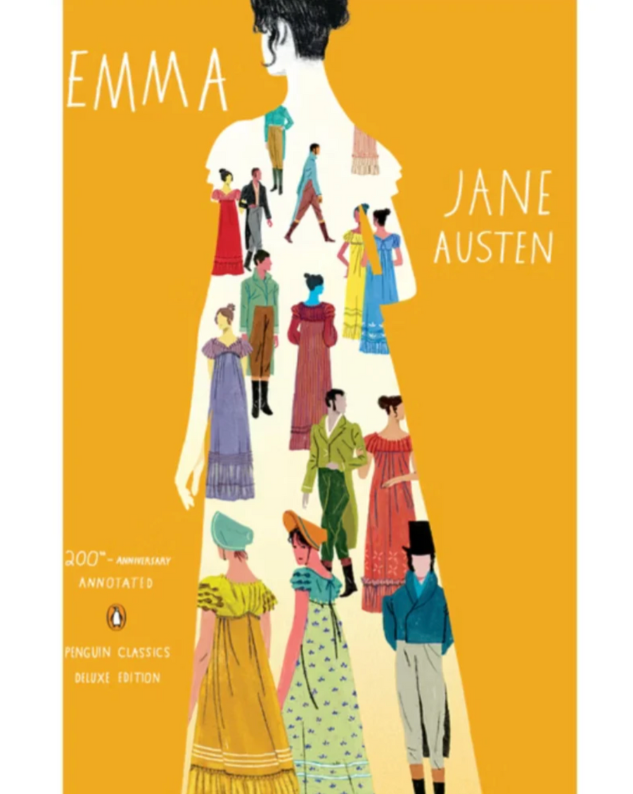 Book cover of 'Emma' by Jane Austen with illustrations of characters on a yellow background
