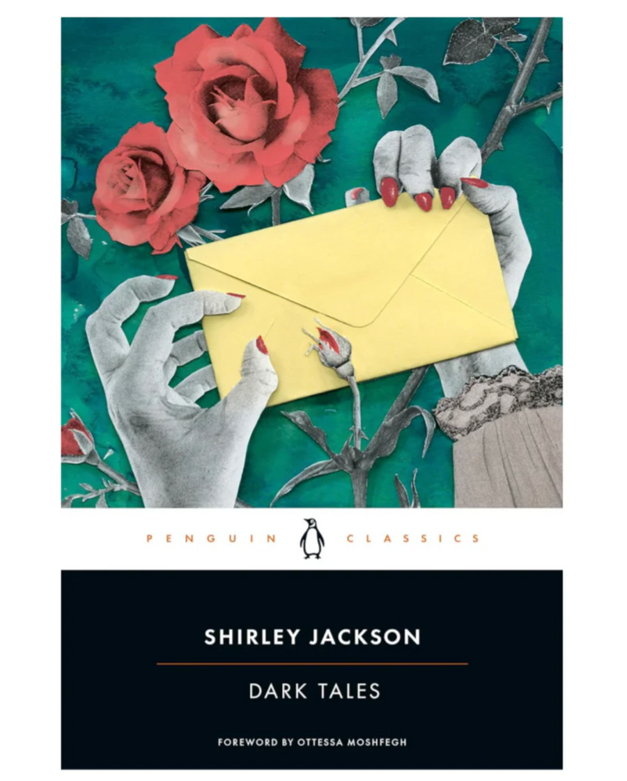 Book cover of 'Dark Tales' by Shirley Jackson with hands holding a yellow envelope and roses.