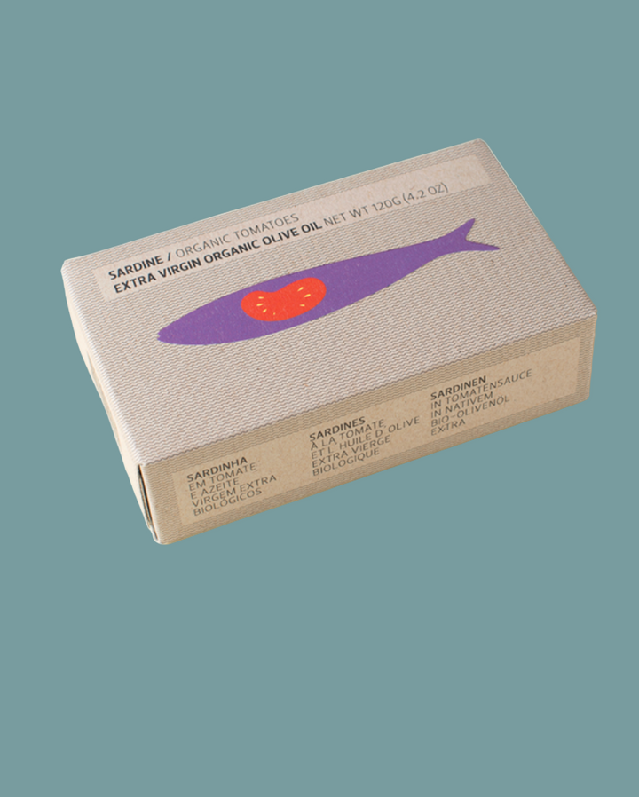 Box with a purple fish logo on a beige background