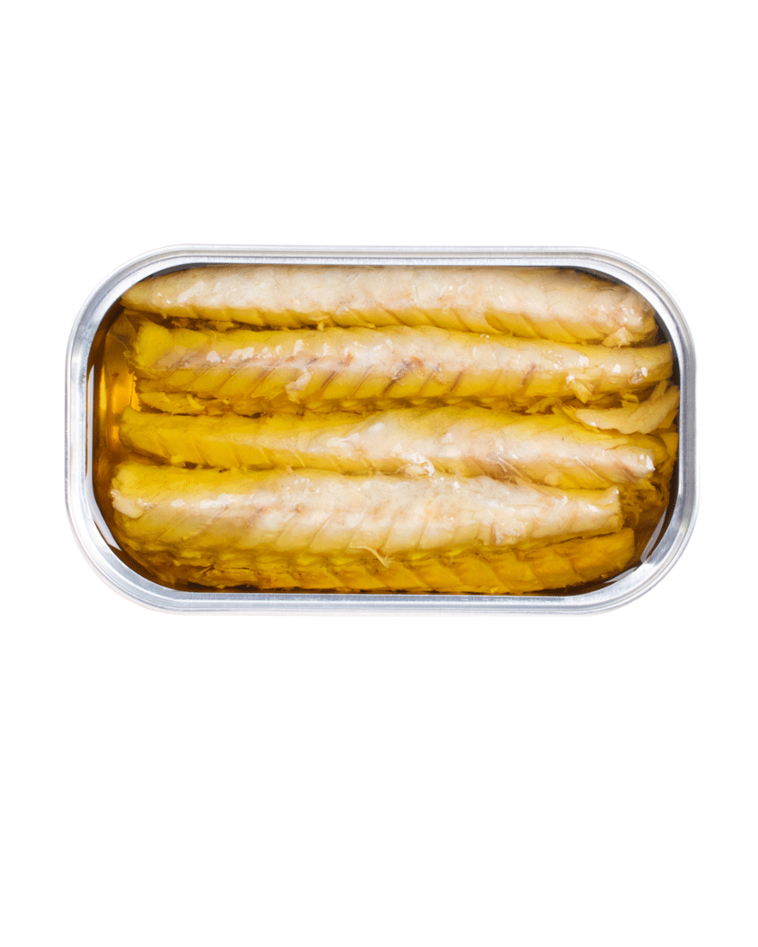 Tin of canned asparagus on a white background