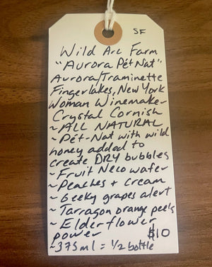 Aurora/Traminette Finglakes New York.  Woman winemaker - Crystal Cornish. All natural. Pet-Nat with wild honey added to create DRY bubbles. Fruit Neco wafer. Peaches and Cream. Geeky grapes alert. Tarragon Orange Peels. Elderflower 375ml = 1/2 a bottle.