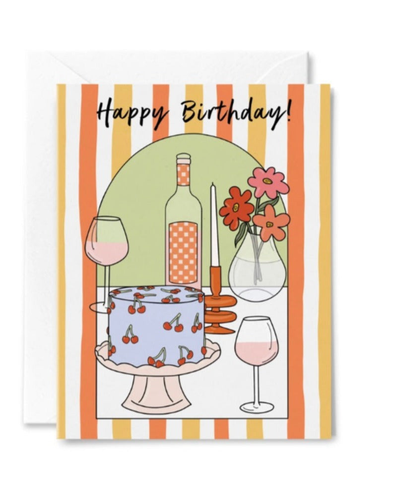 Happy Birthday Cherry Cake and Stripes Card