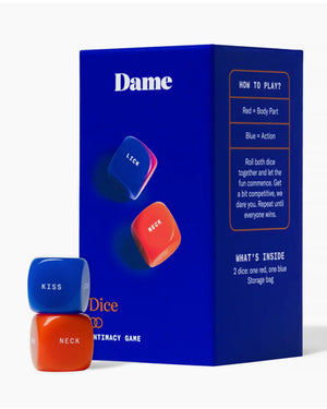 Explore sensual desires and ignite passions – all with a dash of fun. Dice by Dame is a new game to get you in the mood. How to play? Red = Body Part Blue = Action Roll into connection, pleasure, and play. Dame’s Dice remove decision-making - submit to the dice and experience each other. The more you play, the more you win. Makes a great gift!
