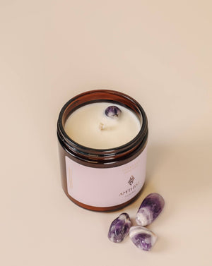 This soothing scent is the perfect mix of amber and sandalwood. Made with a genuine Amethyst crystal nested inside the candle, adding a little more meaning to your candle experience. Amethyst is known for its healing properties and brings a sense of growth and healing to those who keep it. 