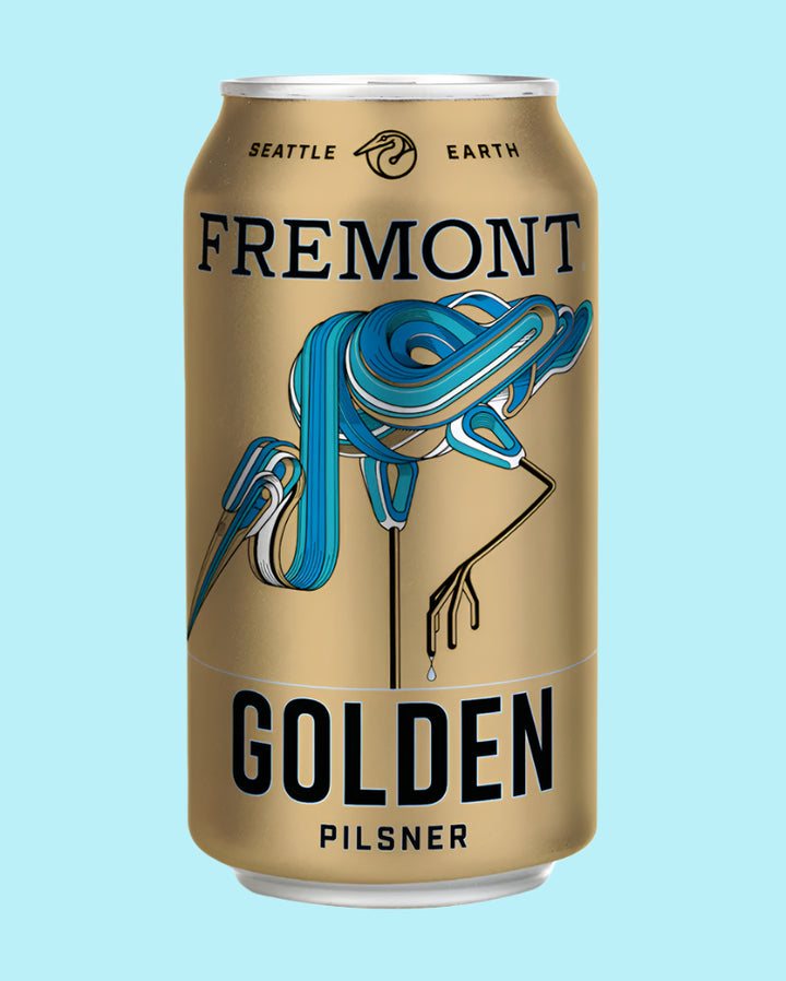 gold can of beer with blue bird design on light blue background