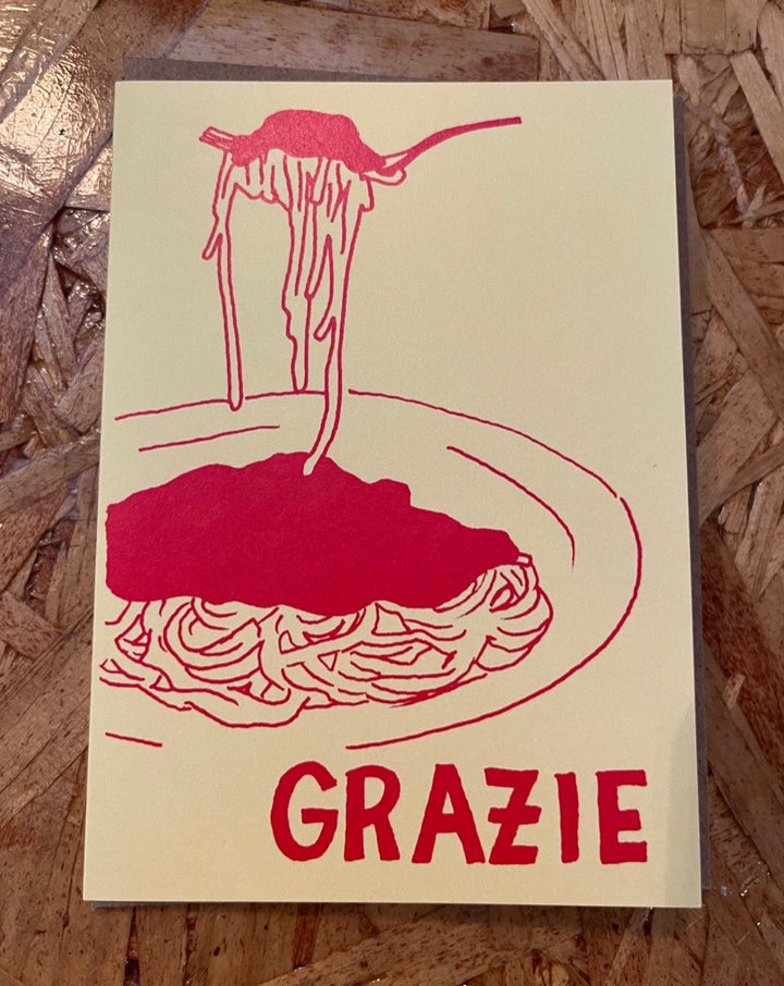 Grazie pasta greeting card. Blank inside.