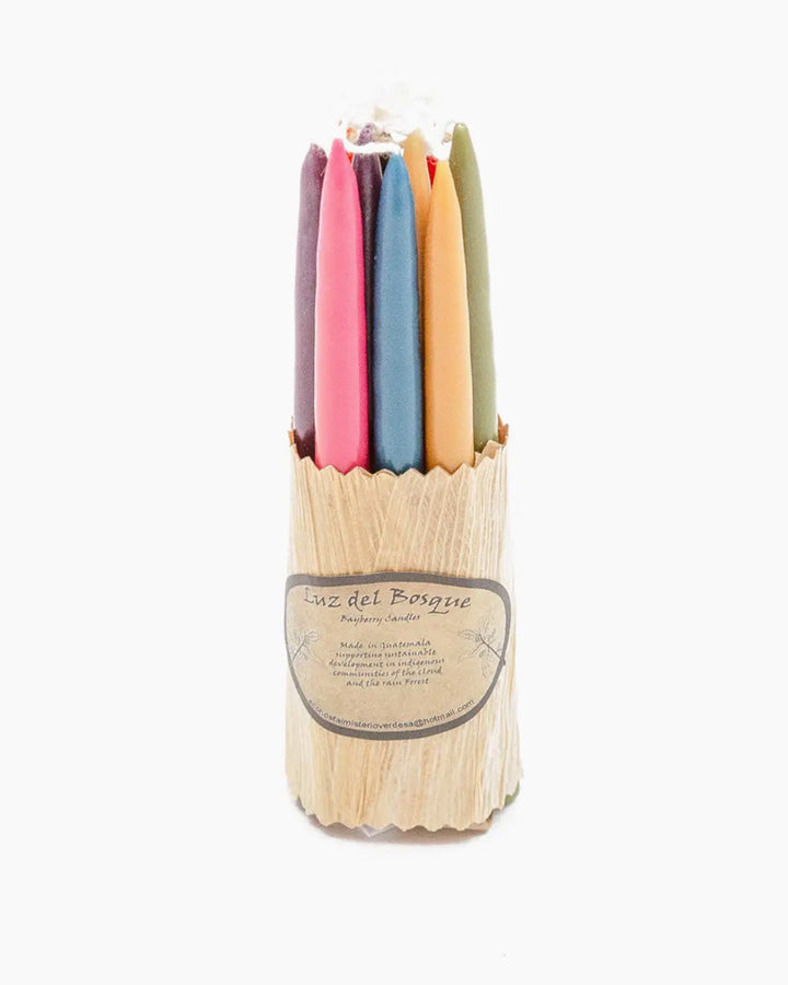 Hand-dipped candles (which come in a set of 10) are made by the Q'eqchi people of the Guatemalan cloud forests using natural Myrtle wax.