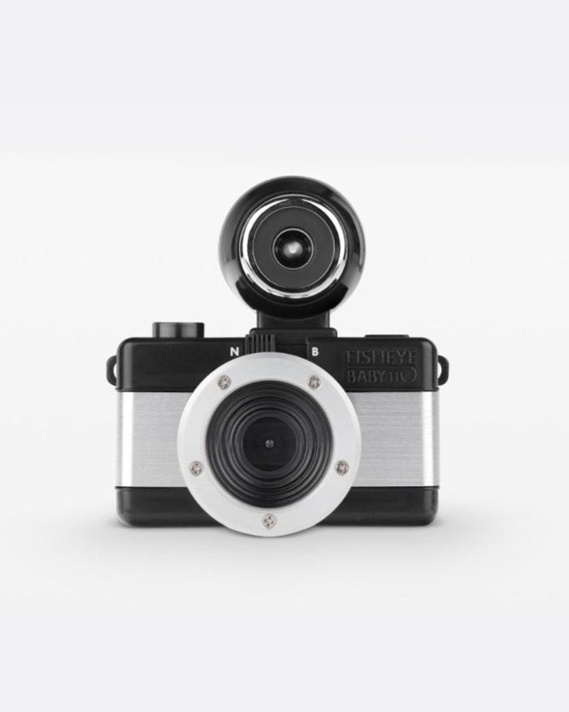 With a sleek black metallic design, the oh-so-adorable Fisheye Baby 110 Camera may be small, but it packs a 170-degree punch, shooting super-cool bulbous spheres on 110 film.