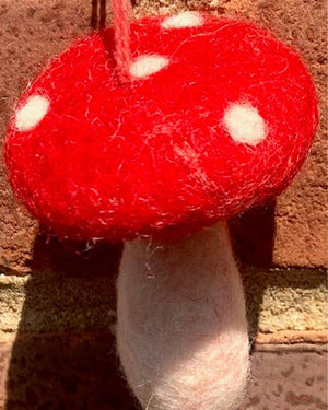 Handmade red and pink felt Mushroom ornament.