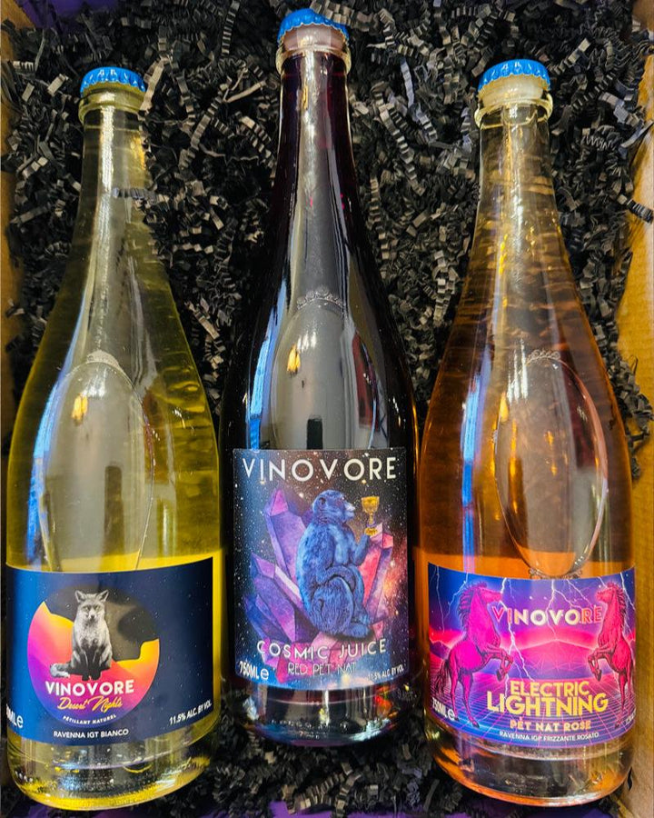 Our Vinovore Pét-Nat Box includes:

VInovore Desert Nights, Vinovore Comic Juice, and Vinovore Electric Lightning.

*There's room for a few additional small items. If you want to customize, just add your picks to the cart and we'll include them in your box.

