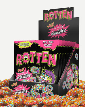 Feed your freak with the newest diabolical creation from Rotten - Sour Gummy Cruncheez! Crunchy on the outside, gummy on the inside, these satisfying little sweets are explosively flavorful without any of the icky stuff. That means no artificial colors, flavors, or sweeteners. Available in original and sour flavors!