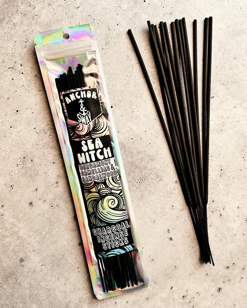 SEA WITCH | A sultry potion of Bergamot, Citrus, Melon, Lily of the Valley, Magnolia Blossom, Gardenia, Tuberose, Freesia, Patchouli, Sandalwood, Vetiver, Vanilla, and Musk. 25 Sticks Per Bag Enjoy the soft billowing smoke and true to scent aroma that our Charcoal Incense Sticks provide