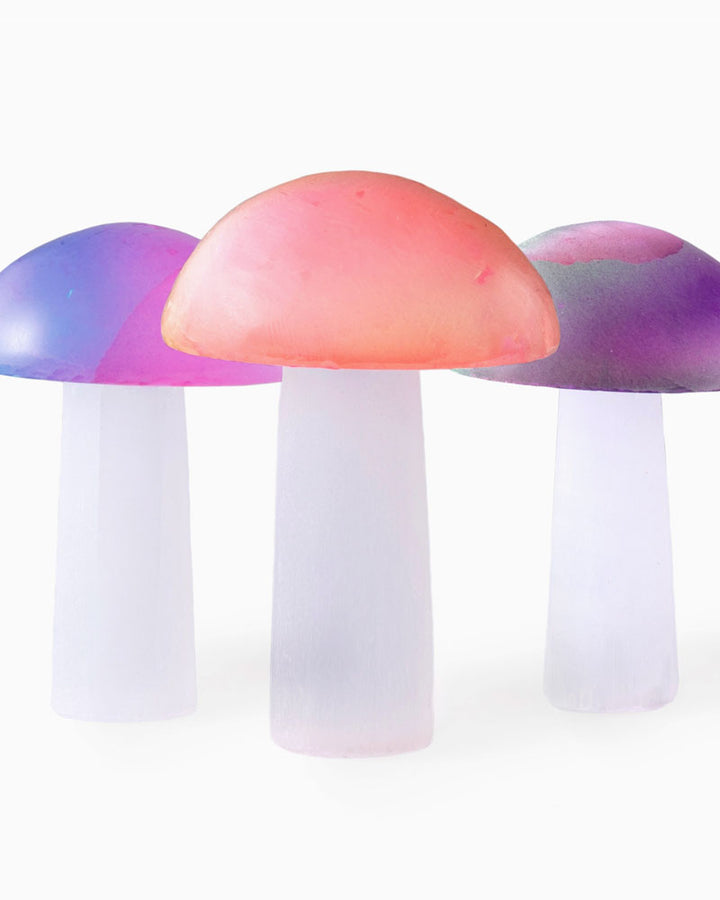 Electroplated Selenite Mushroom, a dazzling blend of natural serenity and vibrant color. Expertly crafted from pure selenite, each piece is electroplated with a shimmering mix of stunning colours creating a unique visual masterpiece. Despite its eye-catching appearance, this selenite mushroom maintains all its inherent properties, making it an ideal companion for both decorative and spiritual uses.