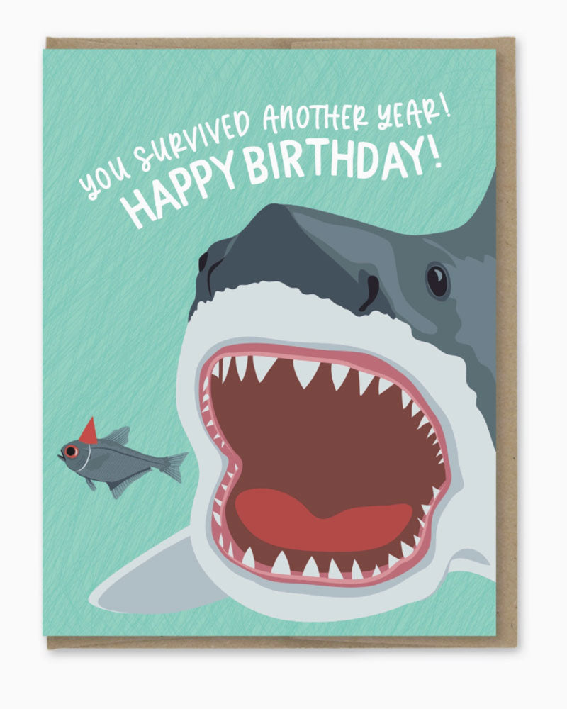 Survived Another Year Funny Shark Birthday Greeting Card. Blank inside.