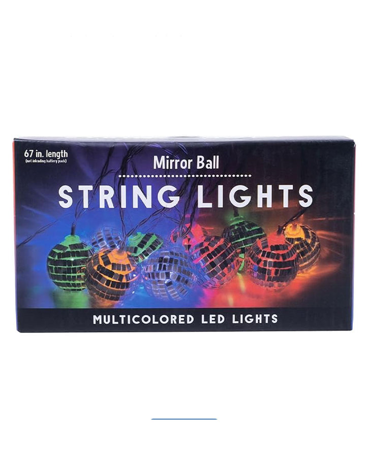 Box of mirror ball string lights with colorful disco balls on a white background