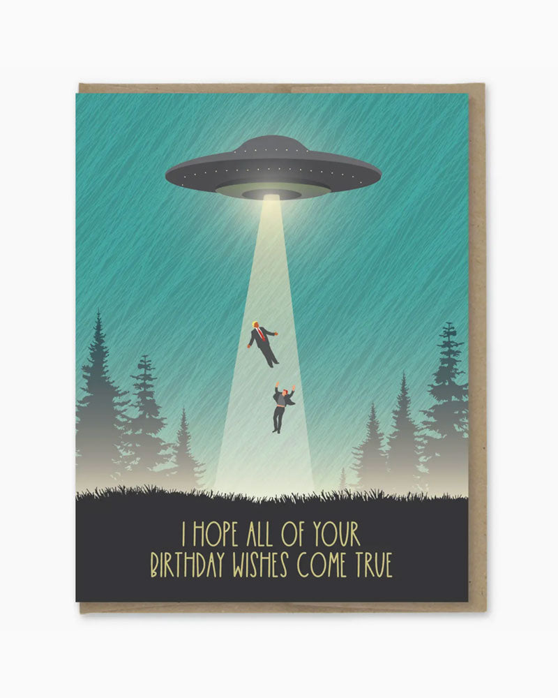 Trump Musk Ufo Birthday Wishes Greeting Card. Blank inside.