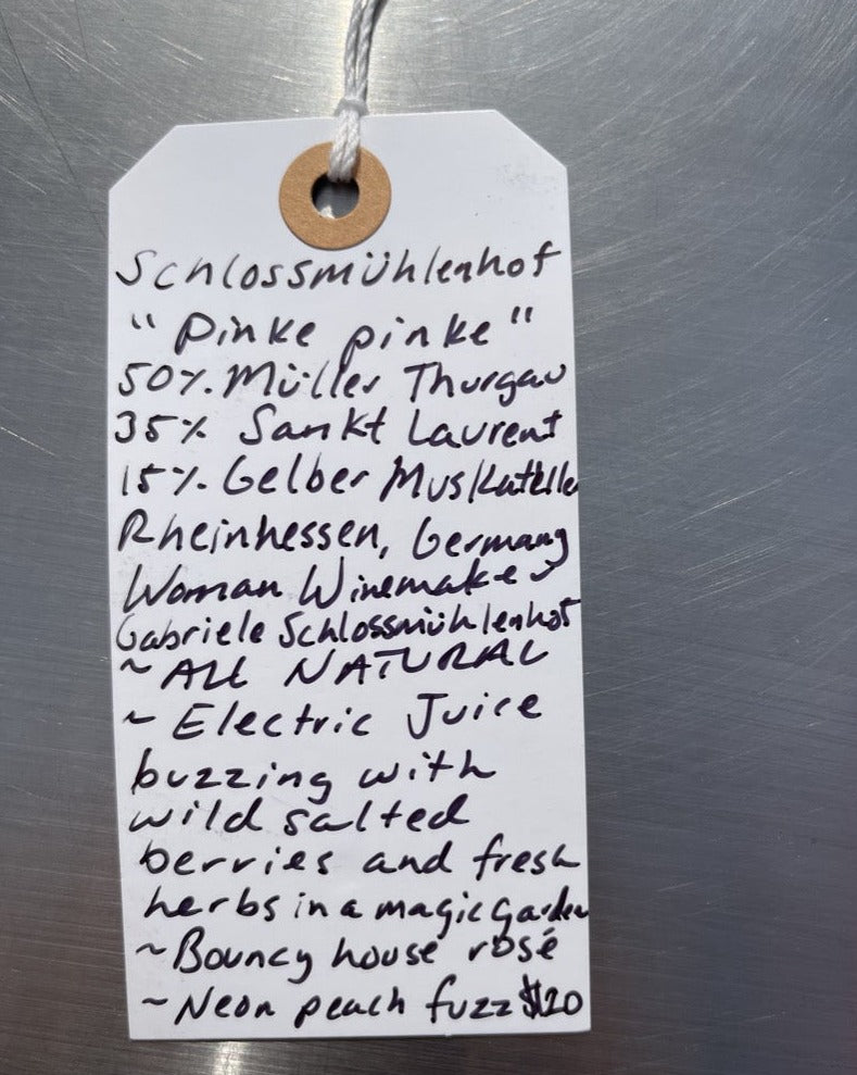 50% Müller Thurgau. 35% Sankt Laurent. 15% Gelber Muskateller. Rheinhessen, Germany.  Woman winemaker - Gabriele Schlossmuhlenhof. All natural. Electric Juice buzzing with wild salted berries and fresh herbs in a magic garden. Bouncy house rosé. Neon peach fuzz.