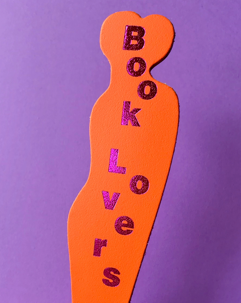 Double sided bookmark One side hugging, one side BOOK LOVERS. Blue with silver (other colors shown are for example only).