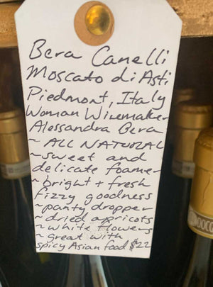 Piedmont, Italy.  Woman winemaker - Alessandra Bera. All natural. Sweet + delicate foamer. Bright + fresh fizzy goodness. Panty dropper. Dried apricots. White flowers. Great with spicy Asian food.