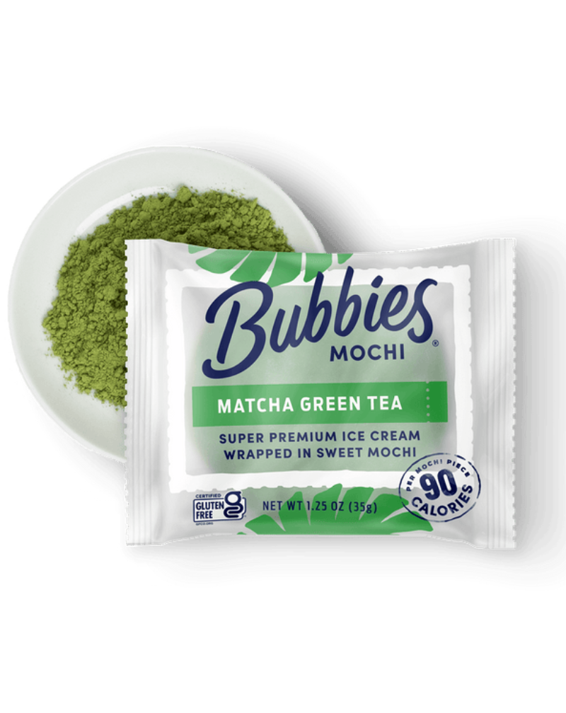 Bubbies Mochi matcha green tea. Super premium ice cream wrapped in sweet mochi. Woman Owned.