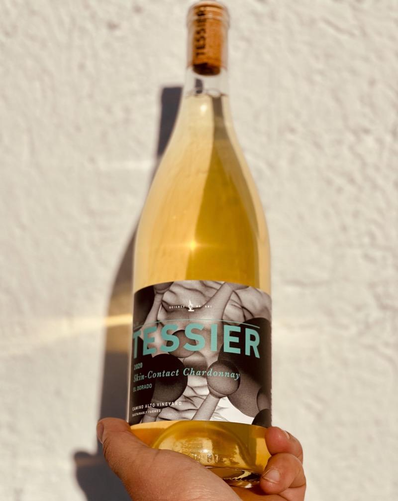 100% Skin Fermented Chardonnay. El Dorado, California.  Woman winemaker - Kristie Tracey. All Natural. Orange wine Golden delicious apples and spicy ginger. Butterscotch complexity yet dry. Fallen honeycomb in a field of chamomiles.