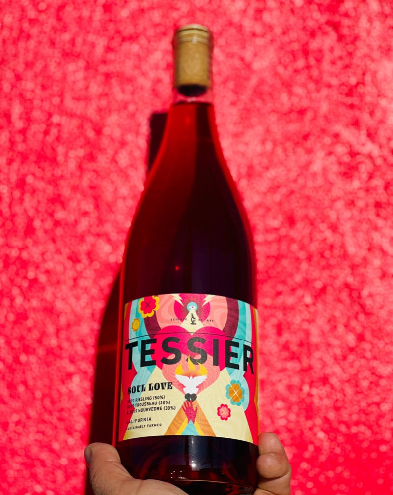 50% Riesling. 30% Mourvedre. 20% Trousseau. Arroyo Seco, California.  Woman winemaker - Kristie Tracey. All Natural. Chillable red/white. This limited and lovely Tahitian punch blaster is dripping with wild herbs & huckleberry kisses. Wet rocks + guava.