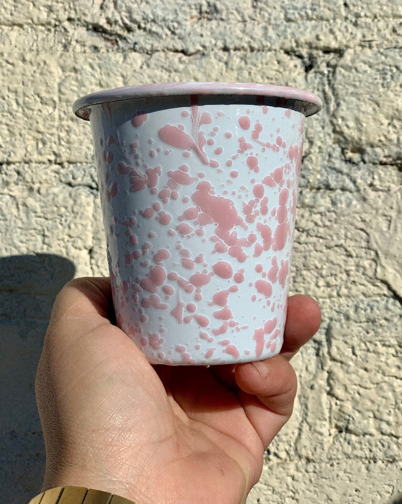 Splatter Enamel  10 oz short tumblers are the life of the party. Perfect for all occasions especially some wine in the park. Mix, match and pair them in 4 colors. So cute any which way you want them.