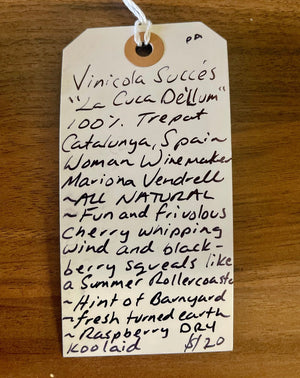 100% Trepat Catalunya, Spain.  Woman winemaker - Mariona Vendrell. All natural. Chillable Red Fun and frivolous cherry whipping wind and blackberry squeals like a Summer Rollercoaster you can't get off. Hint of Barnyard. Fresh turned earth. Raspberry DRY koolaid.