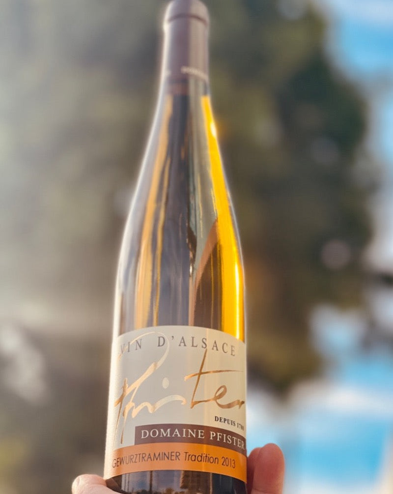 1000% Gewurtztraminer. Alsace, France.  Woman winemaker - Mélanie Pfister. All natural. Mega aromatics of honeyed peaches, dates, lychee and dry rose petals. In the mouth dry, rich with and oily viscosity.  Dusty wet cellar.
