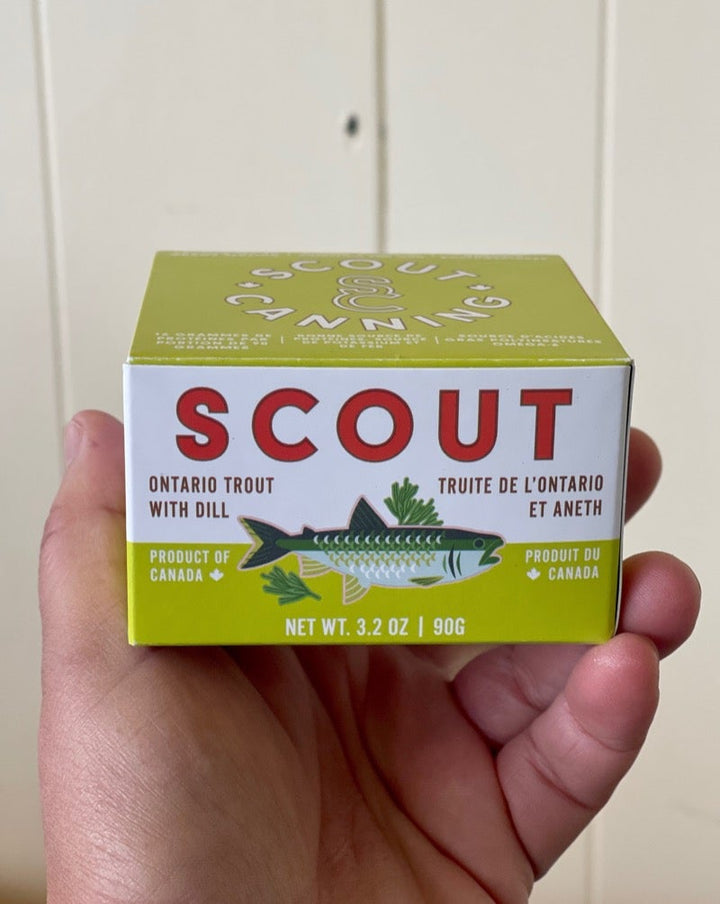 Scout’s mission is simple: they want to become the most trusted seafood brand in North America. By continuing to source from regional partners that meet the highest standards in seafood sustainability, including reduced bycatch and minimal ecosystem impact.  Ontario rainbow trout, cold-pressed sunflower oil, dill, dill seed, salt.  Woman Owned