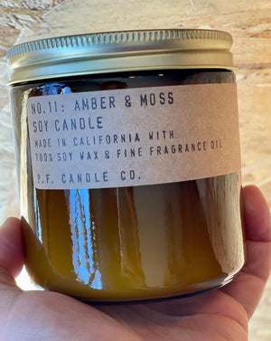 These candles are simple: they're made with 100% domestically grown soy wax, fine fragrance oils, and cotton-core wicks. The fragrances are paraben-free, phthalate-free, and never (ever) tested on animals.  Amber & Moss. A weekend in the mountains, sun gleaming through the canopy. Notes of sage, moss, and lavender. 