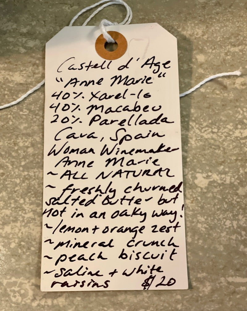 40% Xarel-lo, 40% Macabeo, 20% Parellada. Cava, Spain.  Woman winemaker - Anne Marie. All natural. Freshly churned salted butter but not in an oaky way! Lemon + orange zest. Mineral crunch. Peach biscuit. Saline + white raisins.