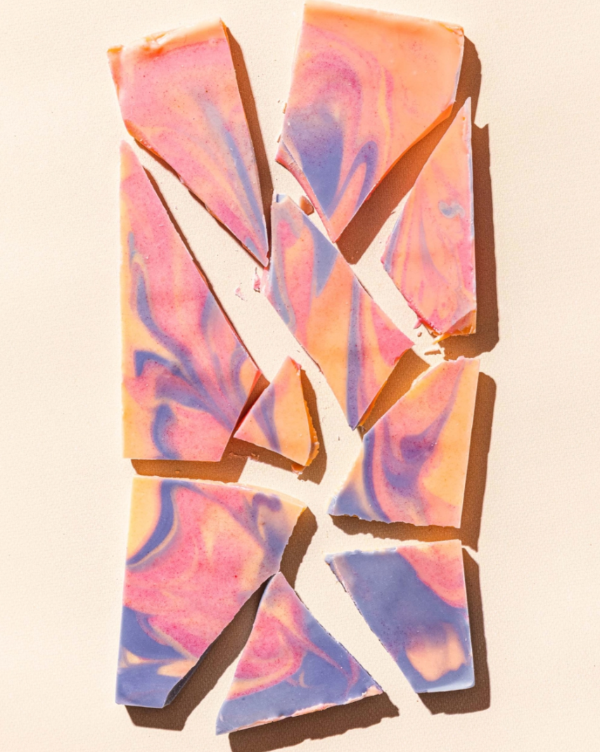 BRAND NEW Limited Edition TIE DYE CHOCOLATE BAR is a rainbow swirl chocolate art masterpiece!  Each bar is handmade in Los Angeles with 4 different chocolates infused with strawberry, blueberry, lemon and orange in gorgeous shades of pink, blue, yellow and orange, then all swirled together into a rainbow tie dye chocolate dream, unlike any other chocolate you've seen (or tasted) before!