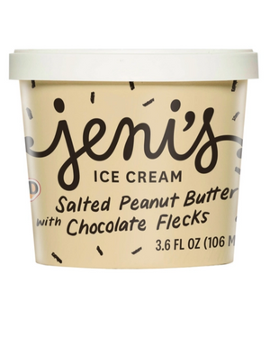Salted and roasted ground peanuts with grass-grazed milk and crunchy, dark chocolate flecks. Salted Peanut Butter with Chocolate Flecks ice cream in ready-to-roam 3.6 oz. cups (with a spoon under the lid).