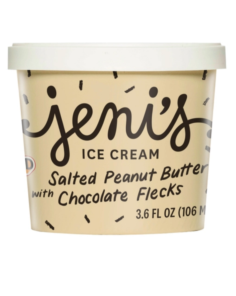 Salted and roasted ground peanuts with grass-grazed milk and crunchy, dark chocolate flecks. Salted Peanut Butter with Chocolate Flecks ice cream in ready-to-roam 3.6 oz. cups (with a spoon under the lid).