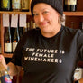 Vinovore's own "The Future Is Female Winemakers" t shirt. Text on front with logo on back. Black tee with white print. Unisex.