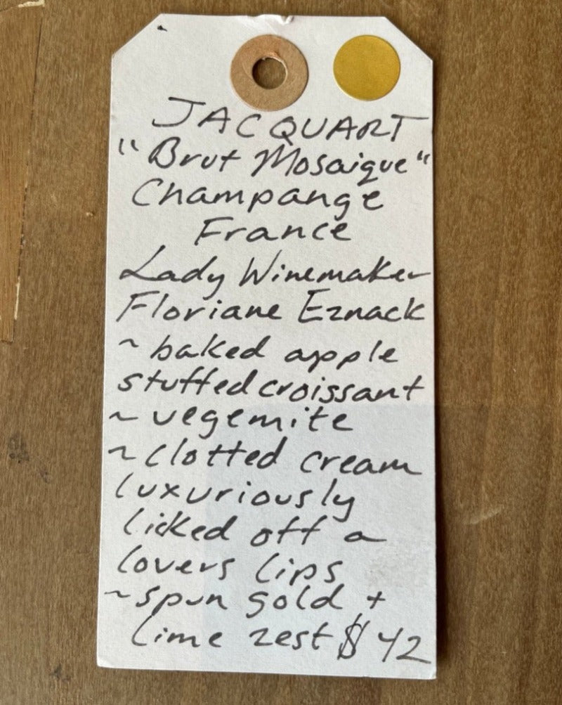 Champagne, France.  Lady winemaker - Floriane Eznack. Baked apple stuffed croissant. Gloriously dry. Spun gold + lime zest. Toasted herb. Fresh whip cream licked off a lover.