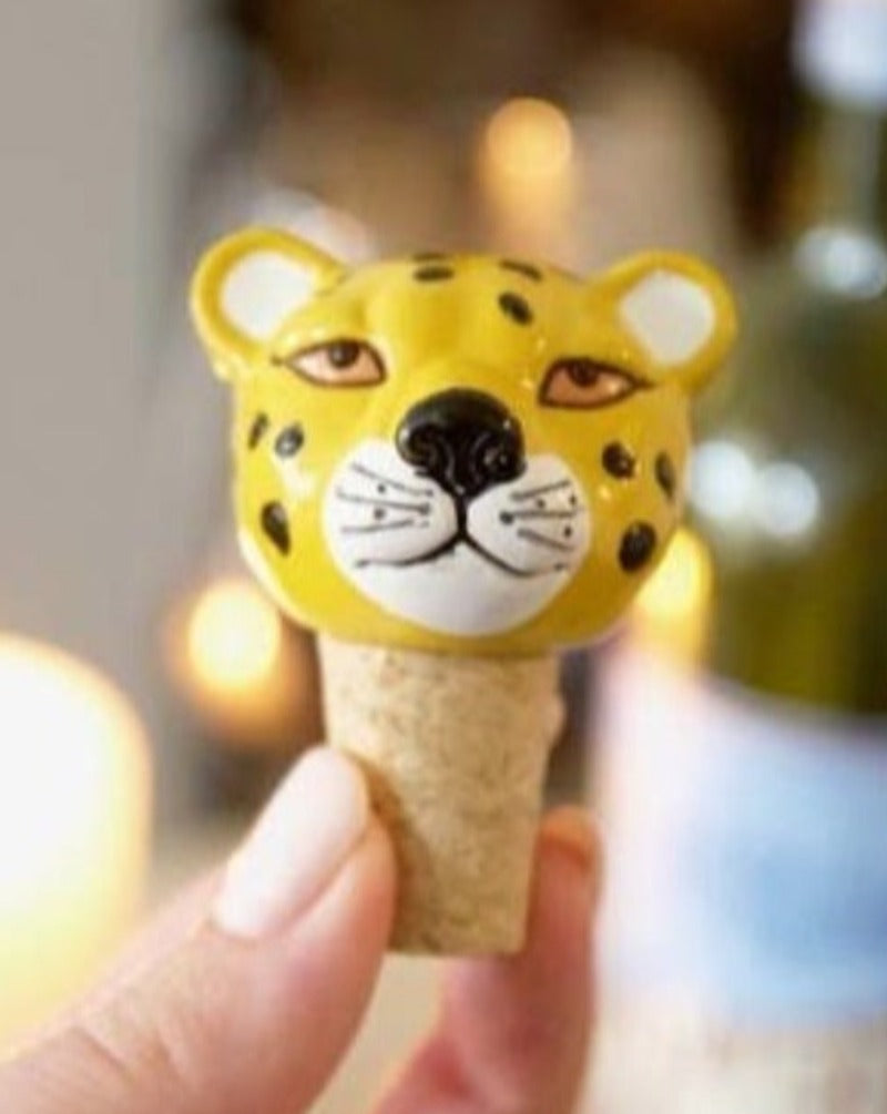 Leopard head bottle stopper. Resin with painted finish. Cork stopper.