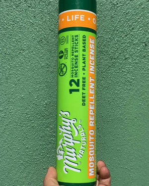 Murphy's naturals mosquito repellent incense sticks - 12 sticks per tube - burn time 2 2.5 hours - natural - deet free - plant based - citronella - lemongrass - rosemary - peppermint - cedarwood - bamboo sawdust. Weight: 0.52 lbs. Dimension: 2.5" x 2.5" x 11.25".