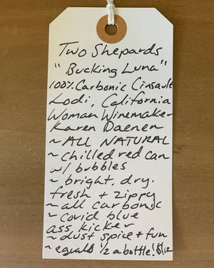 100% Carbonic Cinsault Lodi, California.  Woman winemaker - Karen Daenen. All natural. Chilled red can with bubbles. Bight, dry. Fresh + zippy. All carbonic. Covid blue ass kicker. Dust, spice + fun. Equals 1/2 a bottle!