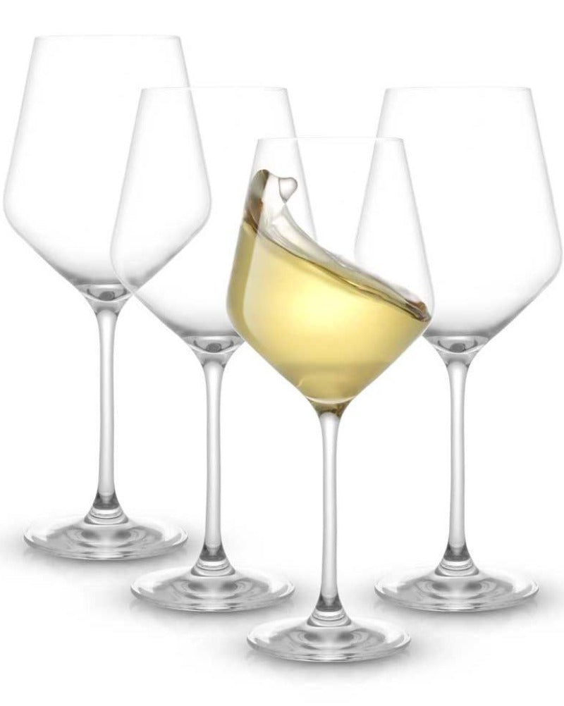 JoyJolt Layla White Wine Glasses, 13.5 Oz Set of 4. With beautiful glass cut, perfectly uniform rims and sophisticated lines, the JoyJolt Layla White Wine Glasses will certainly impress anyone! These are crafted with care in Czech Republic from premium quality, highly durable crystal. Dishwasher Safe.